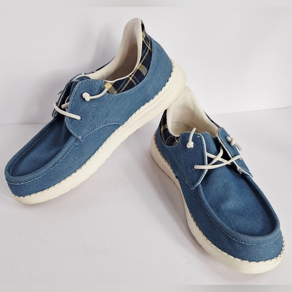 STQ Women’s Slip On Walking Shoes Blue Denim Plaid Loafers Moccasins - Size 9.5